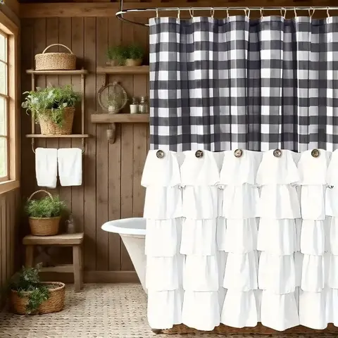 Yrztrk 72x72in Plaid Fabric Shower Curtain Set - Farmhouse Ruffle, Rustic Retro Black & White Graphic Design, Handmade Vintage Buttons, 12 Holes, Themed Bathroom Supplies for Master Bathroom Decor