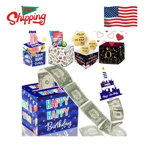 Birthday Money Box for Cash Gift Pull, Surprise Money Roll with Pull Out Card and 30 Transparent Bags DIY Set
