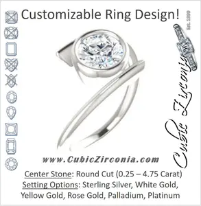 Cubic Zirconia Engagement Ring- The Lacy Michelle (Customizable Bezel-set Round Cut Solitaire with Thin, Twisting-Bypass Asymmetrical Band)