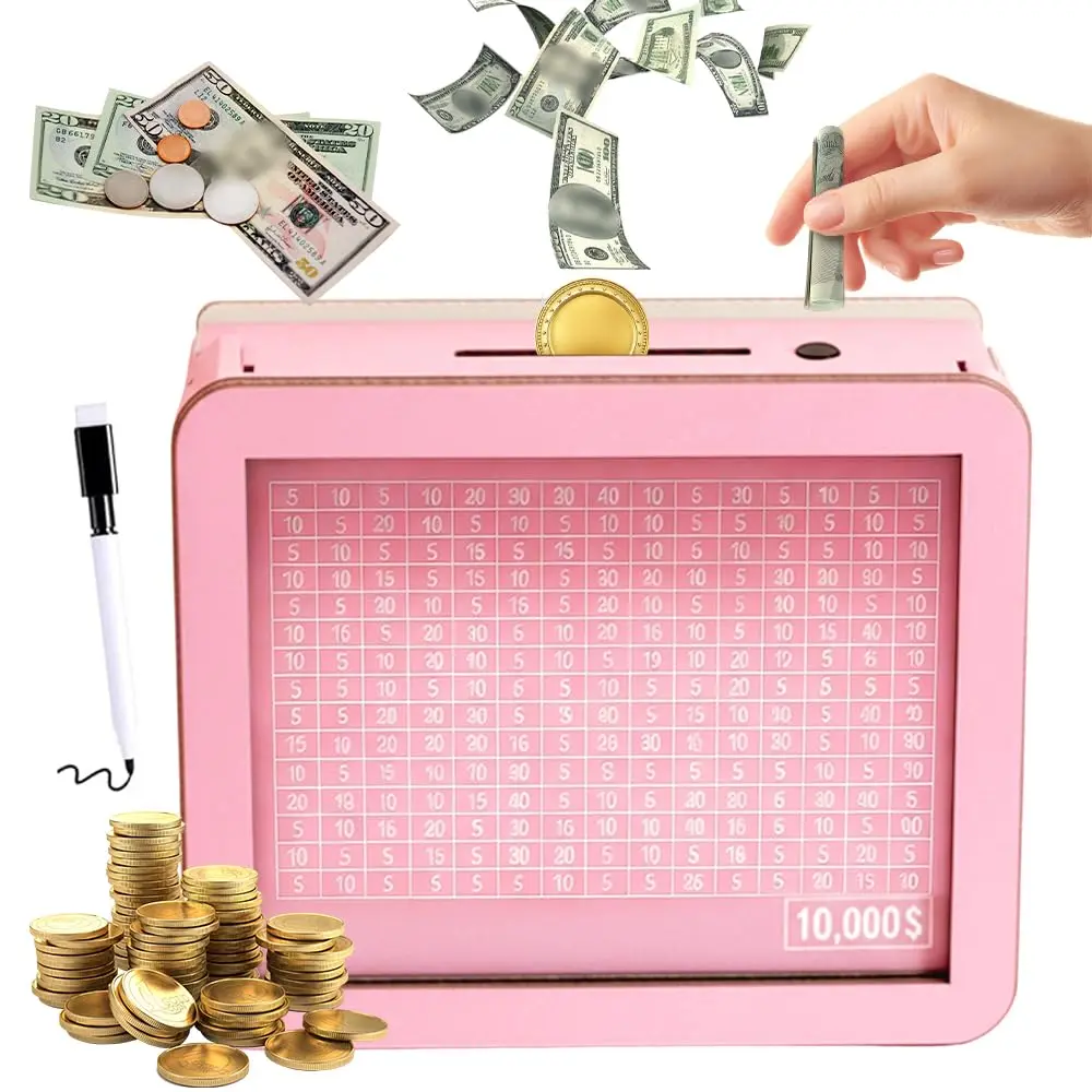 Saving challenge box, 2026 New Challenge wooden cash money, Cash Saver Money Box with Counter, Wooden Money Boxes with Money Target and Numbers,3-12 year old boy