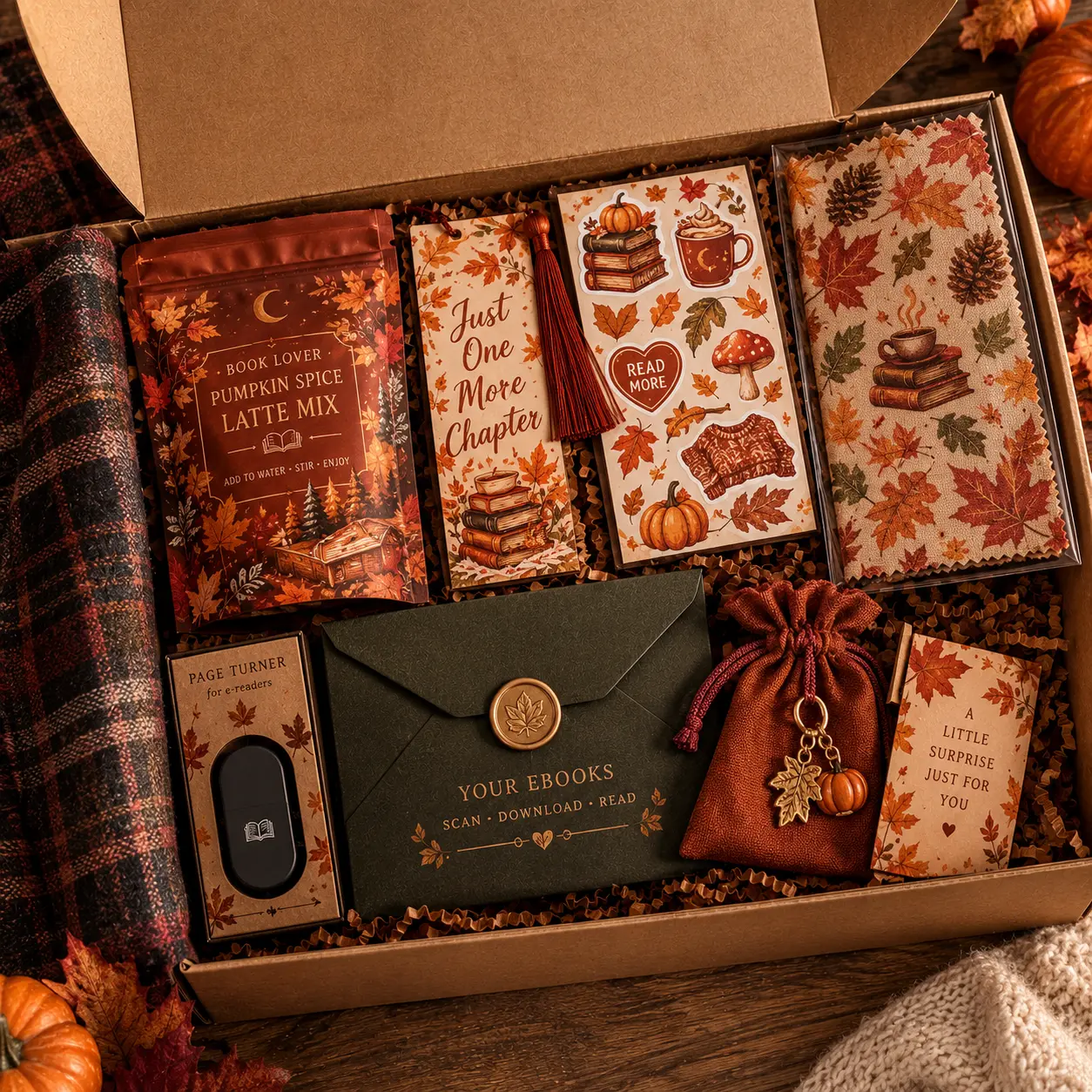 Fall Ebook Gift Box | 3 Mystery Ebooks & Kindle Reader Accessories | Pumpkin Spice Book Lover Gift | Cozy Autumn Reading Box