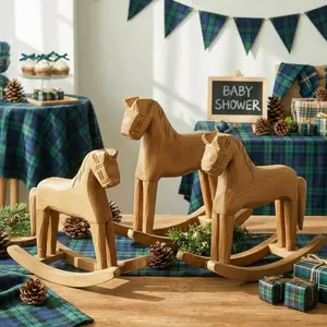 Wooden Vintage Rocking Horse Table Decor Set, Blue Plaid Pattern, Perfect for Party Centerpiece, Baby Shower, Wedding, Birthday