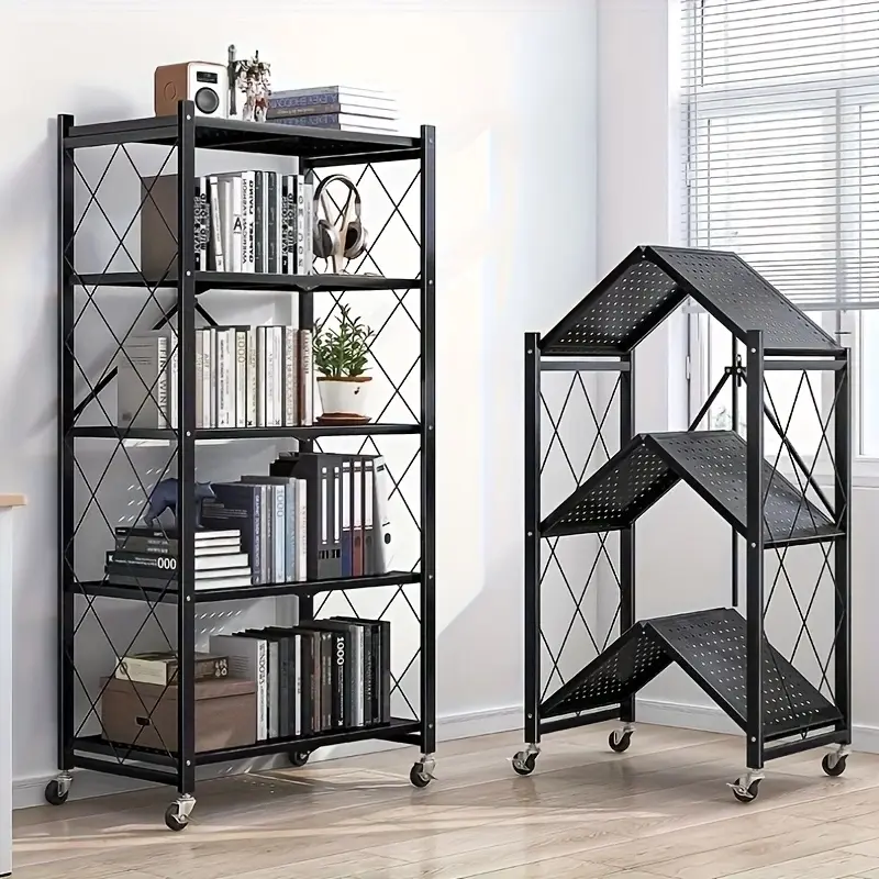 Folding Bookshelf, 3/4/5 Tier Storage Shelf With Wheels - Metal Collapsible Shelving Unit Display, Heavy Duty Folding Shelves, No Assembly Organizer Rack For Garage Kitchen, Basement, Pantry, Utility Shelves