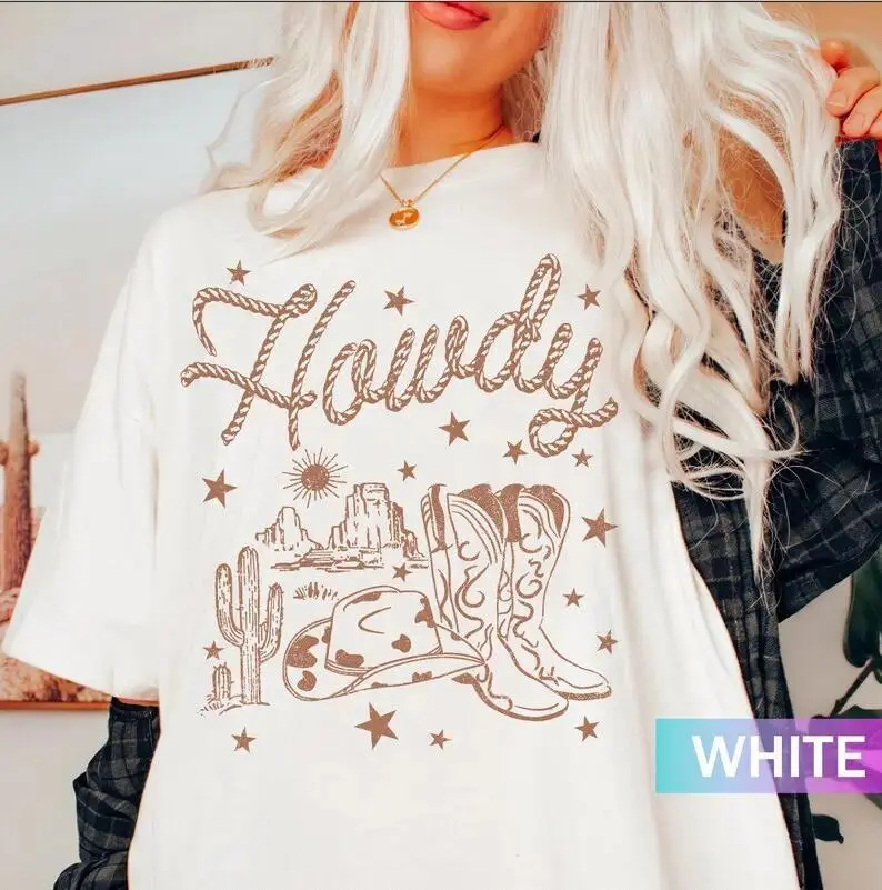 【100% cotton】 Howdy Cowgirl Graphic Tee | Vintage Western Boots T-Shirt | Country Music Concert Top | Rodeo Horse Lover Gift | Nashville Aesthetic Apparel | Retro Cowgirl Style Shirt | Unisex Soft Cotton Casual Wear | Wild West Fashion