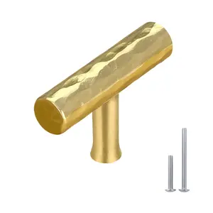Akicon Hammered Polished Gold Kitchen T Bar Cabinet Pulls 100% Solid Brass Drawer Knob