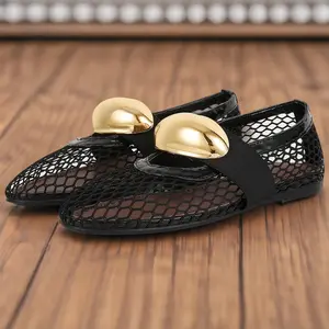 Metal Decoration Mesh Ballet Flats - Comfortable, Round Toe, Fishnet Design, Buckle Strap, Casual Office Shoes for Women Girl Footwear