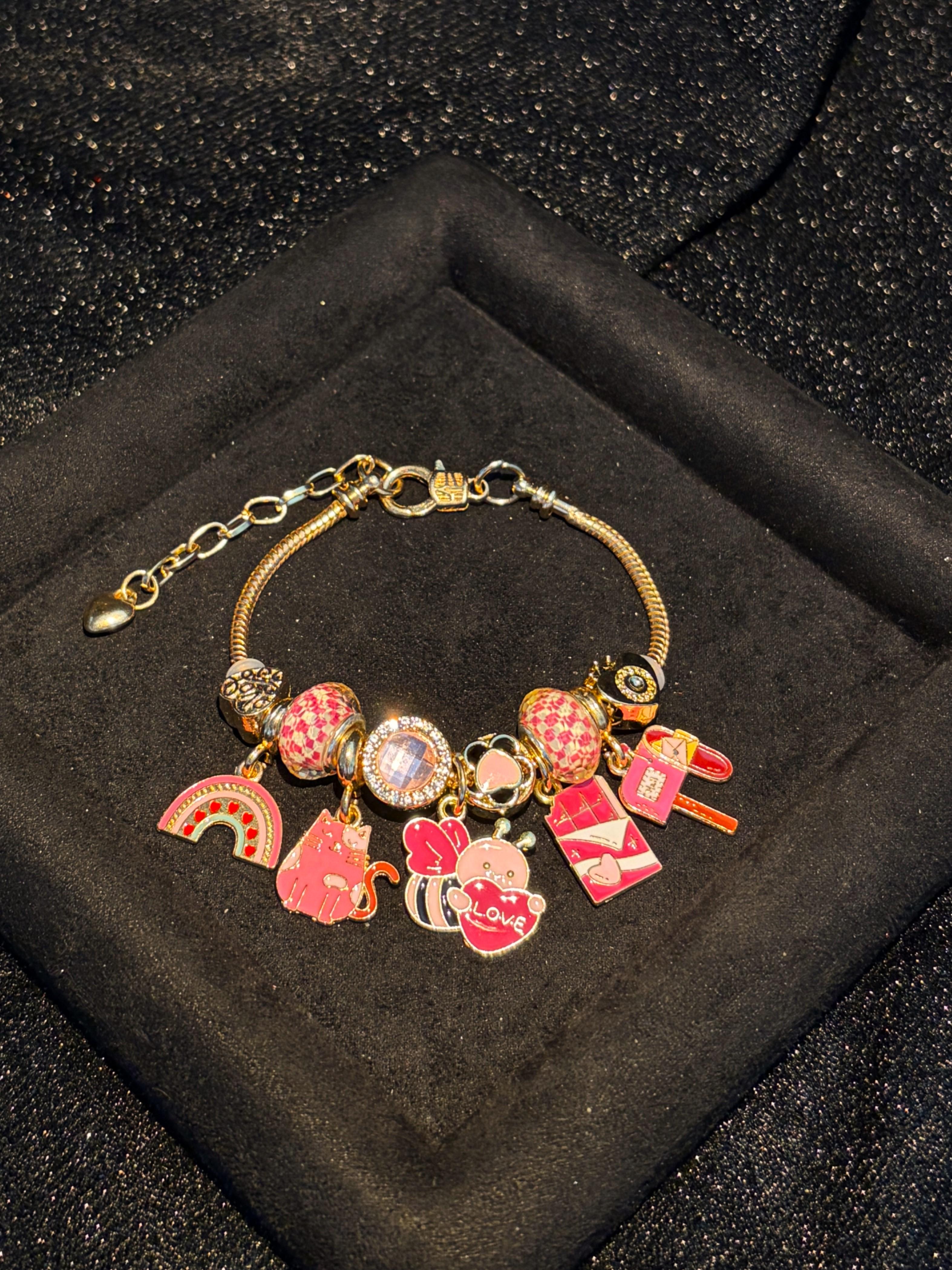 Women's Gold-Tone Snake Chain Charm Bracelet with Cute Pink Love-Themed Enamel Dangle Charms, Birthday Costume Jewelry Gift Women's Gold-Tone Snake Chain Charm Bracelet with Cute Pink Love-Themed Enamel Dangle Charms, Birthday Costume Jewelry Gift