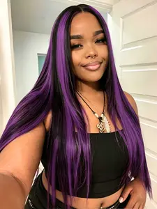 Black Purple Highlight 13x4 Lace Front Wig Money Piece Highlight Wig Free Part Straight Wig Pre Plucked Natural Hairline Heat-Resistant Synthetic Wig Concert Look Straight Wig Music Festival Look Lace Frontal Wigs for Women Daily Wear 28 Inches