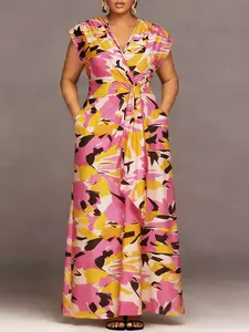 Plus Size Women Abstract Print V Neck Waist Cinch Tie Dress, Sleeveless Pocket Holiday Long Dress, Stylish and Comfortable