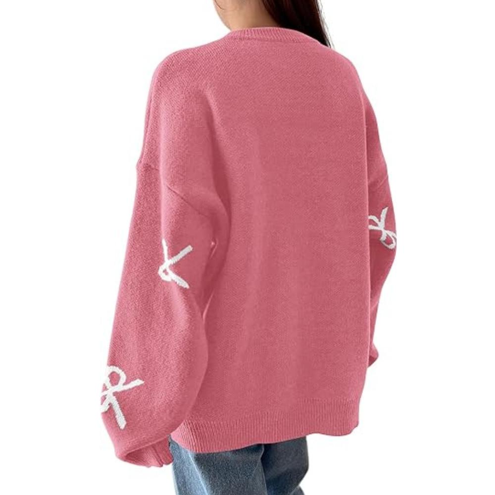 PRETTYGARDEN Fall Long Sleeve Pullover Sweaters for Women Trendy Crewneck Casual Cute Bow Chunky Knit Oversized Sweater