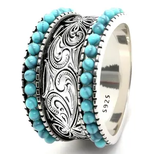 Double row Turquoise Spheres lucky Flower Pattern Engraved Band Ring for Women Man,S925 Sterling Western boho woman daily wear birthday
