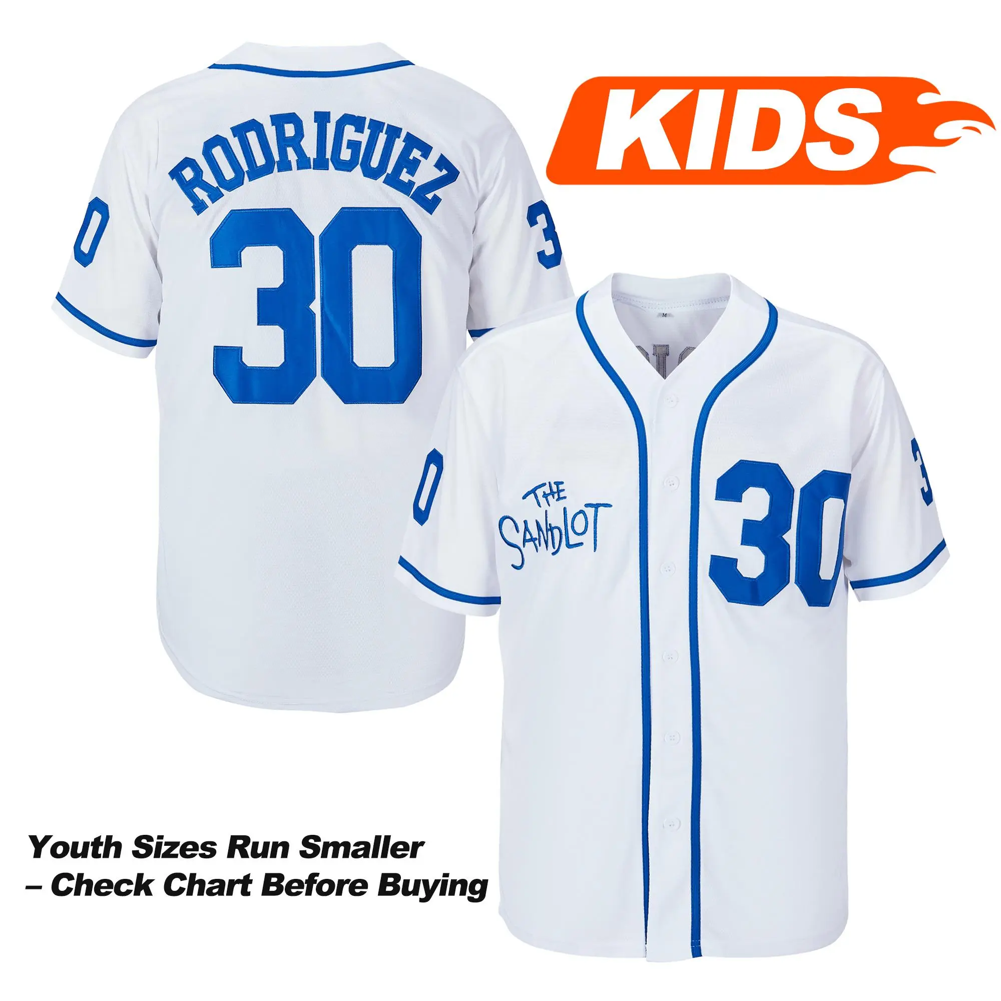 Boys & Girls Lightweight Breathable Stitched Sandlot Movie Sport Jersey - #30 Benny The Jet Rodriguez, #5 Michael Squints, Button-Up Short-Sleeve Active Top, S-XL, Summer Game Day Gift, Professional Sports Clothing,outdoorfun