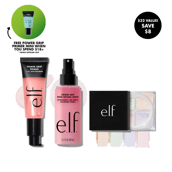 e.l.f. Prep, Set, Glow Trio - Grip Primer + Rosé Setting Spray + Brightening Powder Quad for Long-Lasting Radiance