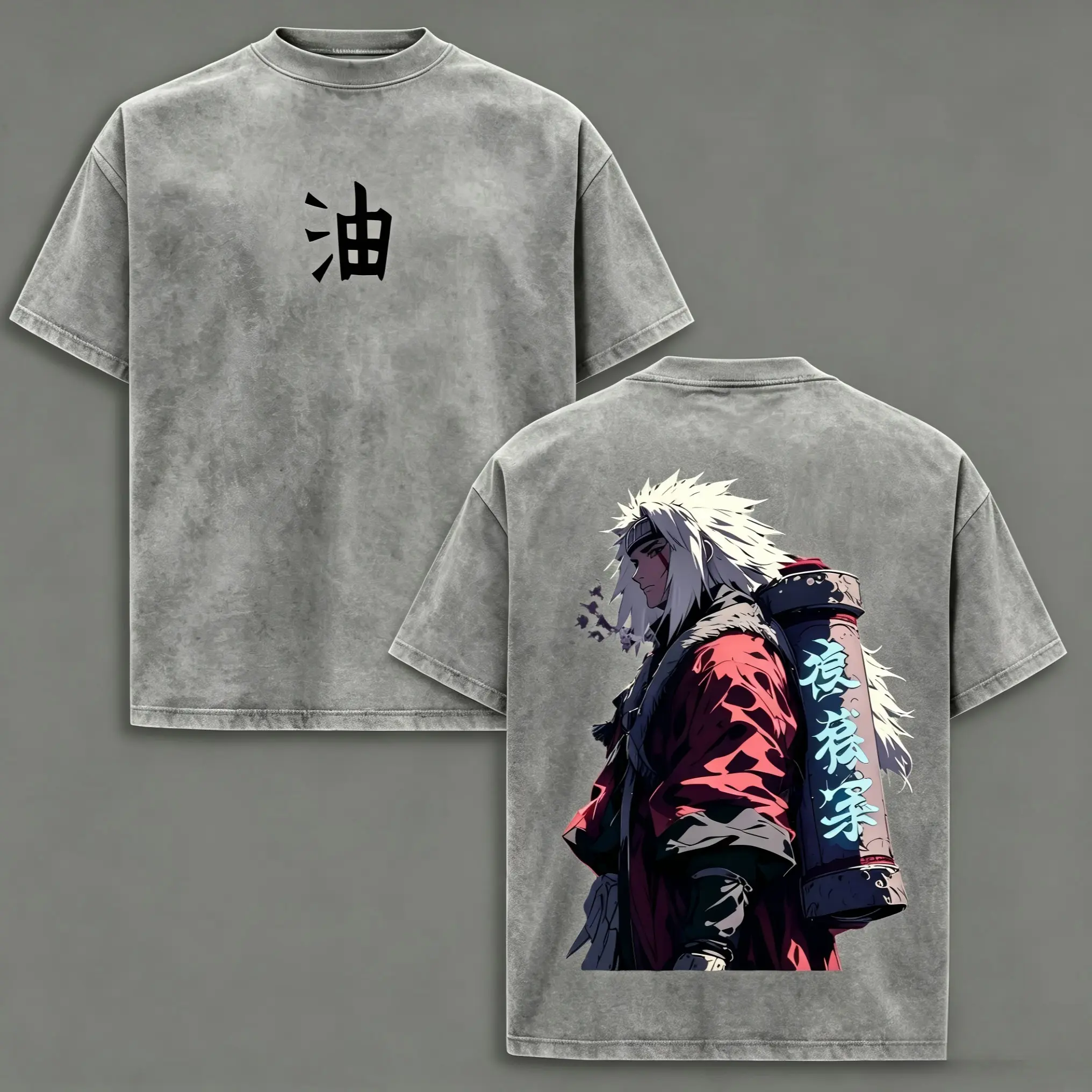 Men's Grunge Graphic Jiraiya Sannin Oversized T-Shirt - Naruto Anime Double Printed Washed Heavyweight Cotton Top, Sage Mode Streetwear, Viral Sad Ninja Aesthetic Otaku Gift