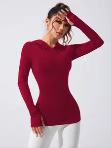 Women's Letter Print Thumb Hole Design Sports Hoodie, Casual Long Sleeve Sports Top for Yoga Gym Workout, Ladies Sportswear for Spring & Fall, Breathable Workout Tops