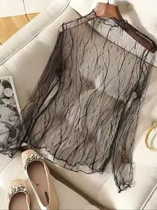 Women's Slim-Fit Plain Sheer Lace Transparent T-Shirt, Fashion Mesh Summer Lightweight Top, Long Sleeve High Neck Blouse for Ladies