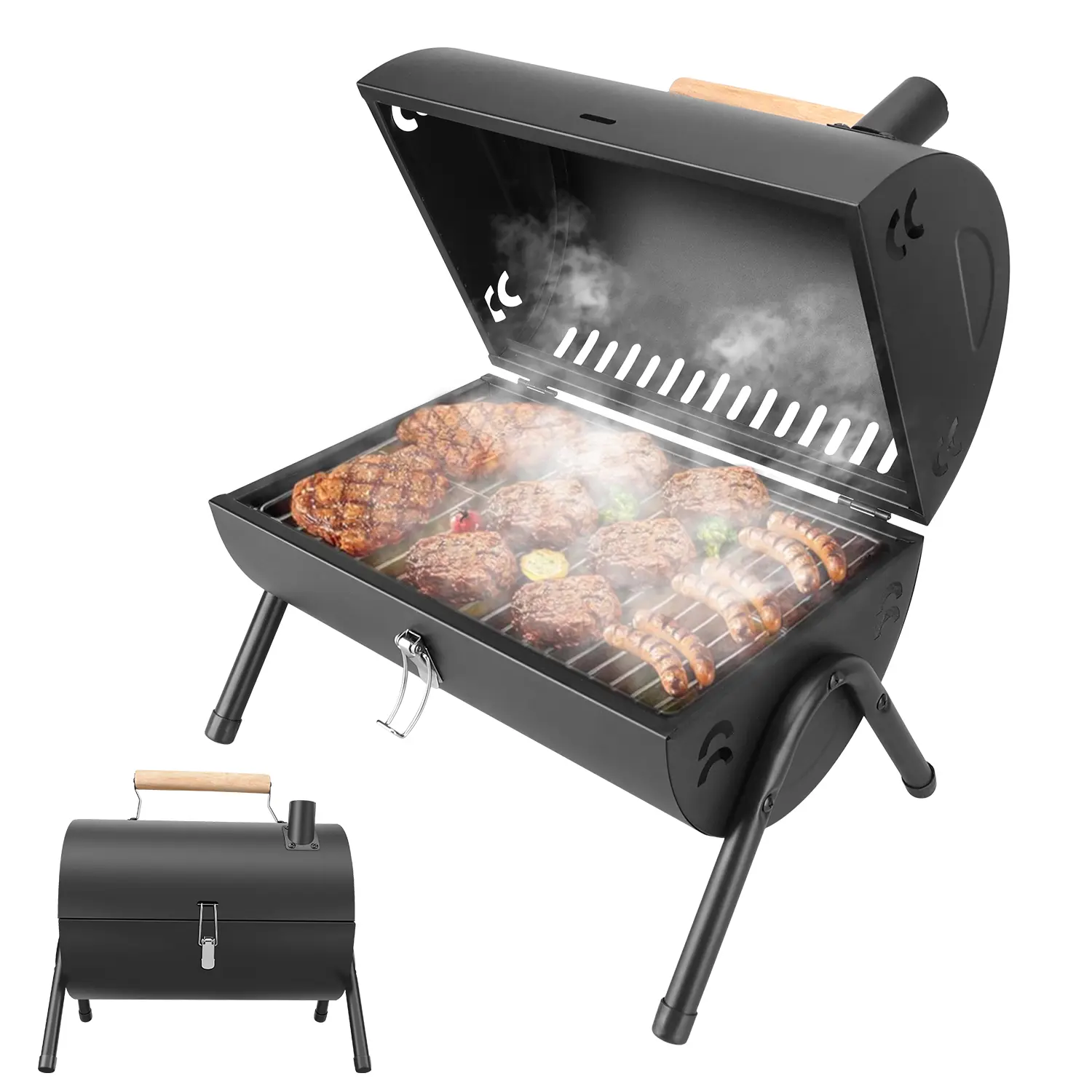 Portable Tabletop Charcoal BBQ Grill with Lid, Dual-Sided Large Cooking Area Barbecue Smoker Grill, Non-Stick Griddle Plate & 2 Wire Grilling Racks Included, Stable Triangle Legs Outdoor Camping Picnic Backyard Small Charcoal Grill