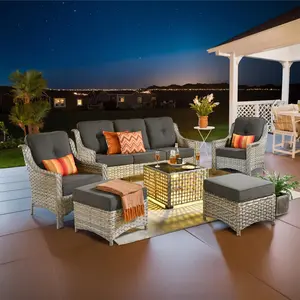 Outdoor 6 Pieces Coversation Set with Solar Powered Coffee Table, Patio Furniture High Back Couch with Ottoman, Rattan Wicker 3-Seater Sofa for Porch Balcony Backyard