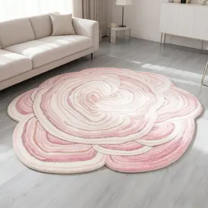 Boho Style Bedroom Decoration Floral Carpet Pink Striped Pattern Round Rug Irregular Shape Fluffy Soft Plush Carpet Minimalist Ins Light Luxury Household Non-slip Floor Mat Home Decorative Rug