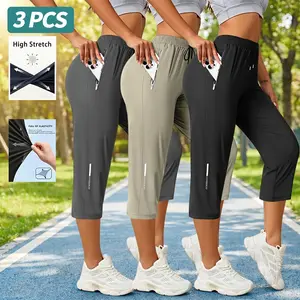 3-Pack Women’s Summer Ice Silk Quick-Dry Three-Quarter Athletic Pants — High Stretch, Loose Fit, Zipper Closure, Anti-Theft Pocket Design; Ideal for Running, Fitness, Yoga, and Outdoor Training