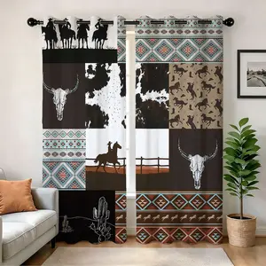 Boho Style Blackout Curtains, Western Cowboy Print Grommet Drapes, Bedroom Decor, Dark Room Curtain, Living Room, No Tiebacks-2 Panel