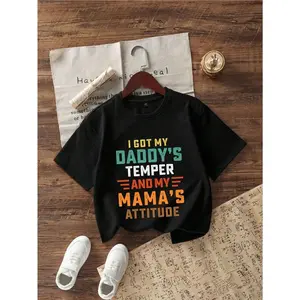 Boys' Funny "I Got My Daddy'S Temper & My Mama'S Attitude" Print T-Shirt - Casual Round Neck Short Sleeve Tee with Slogan, Comfortable Casual Attire for Kids 3-13 Years, Father'S Day Gift Idea, Family Matching Outfits ( with Green & Red Lettering)