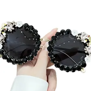 Black or Green  Rhinestone Decorated Novelty Sunglasses for Women with flowers fashion accessory