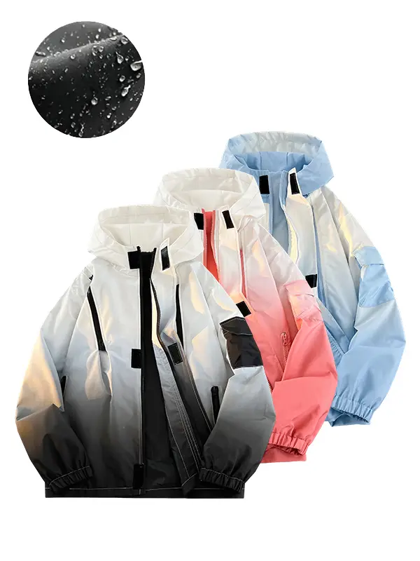 Men’s Gradient Long Sleeve Hooded Work Jacket - Polyester, Loose-Fit, Zip-Up, Multiple Pockets, Windproof, Casual Fashion Outerwear, Modern Style Lightweight Work Jackets, Zip Up Hoodies