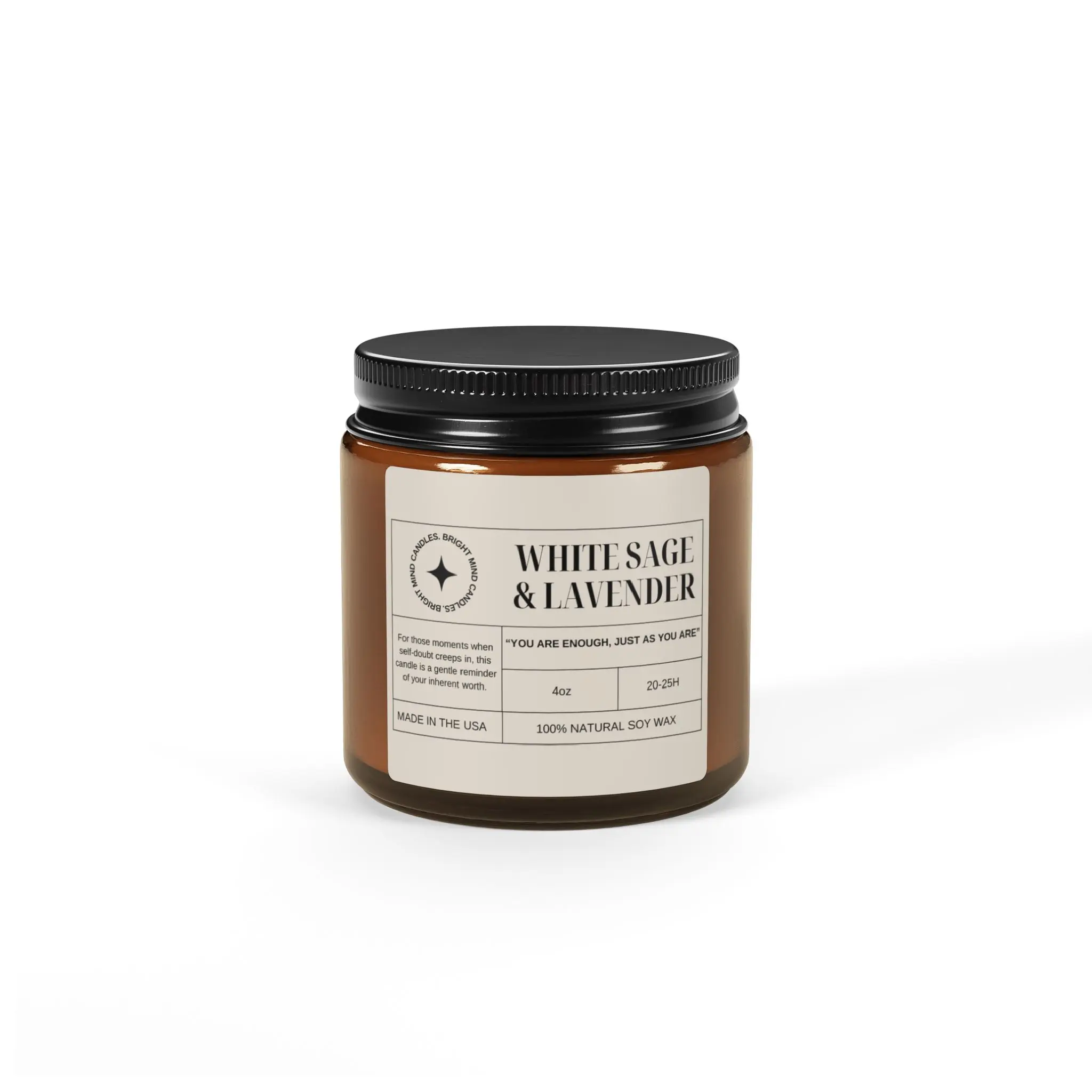 White Sage & Lavender Candle: Affirmation Candle, Vegan Soy Wax (Multi-Size, Amber Jar 4oz)