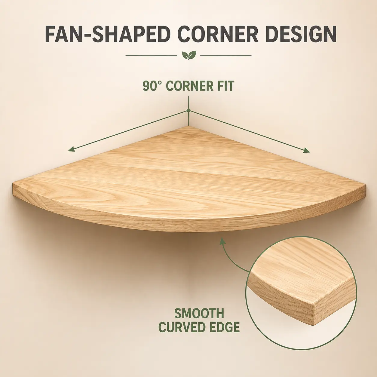 Natural Wood Fan-Shaped Corner Shelf Board, Curved-Edge Wall Storage Display with 5 kg Capacity for Living Room, Bedroom and Bathroom