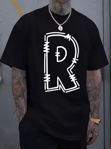 #TikTokShopRestock  Plus Size Men's Breathable Cotton T-Shirt with Bold "R" Print – Casual Streetwear Tee, Round Neck Short Sleeve, Minimalist Style, Summer Daily Essential, Clean Fit for Spring & Leisure Days