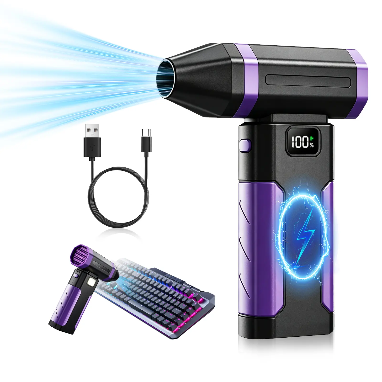 Cordless Air Duster, 5-Speed Adjustable Turbo Blower Electric Dust Blower with Rechargeable Mini Jet Fan, LED Light, Portable Size for Keyboards, PC, Car Interior Cleaning