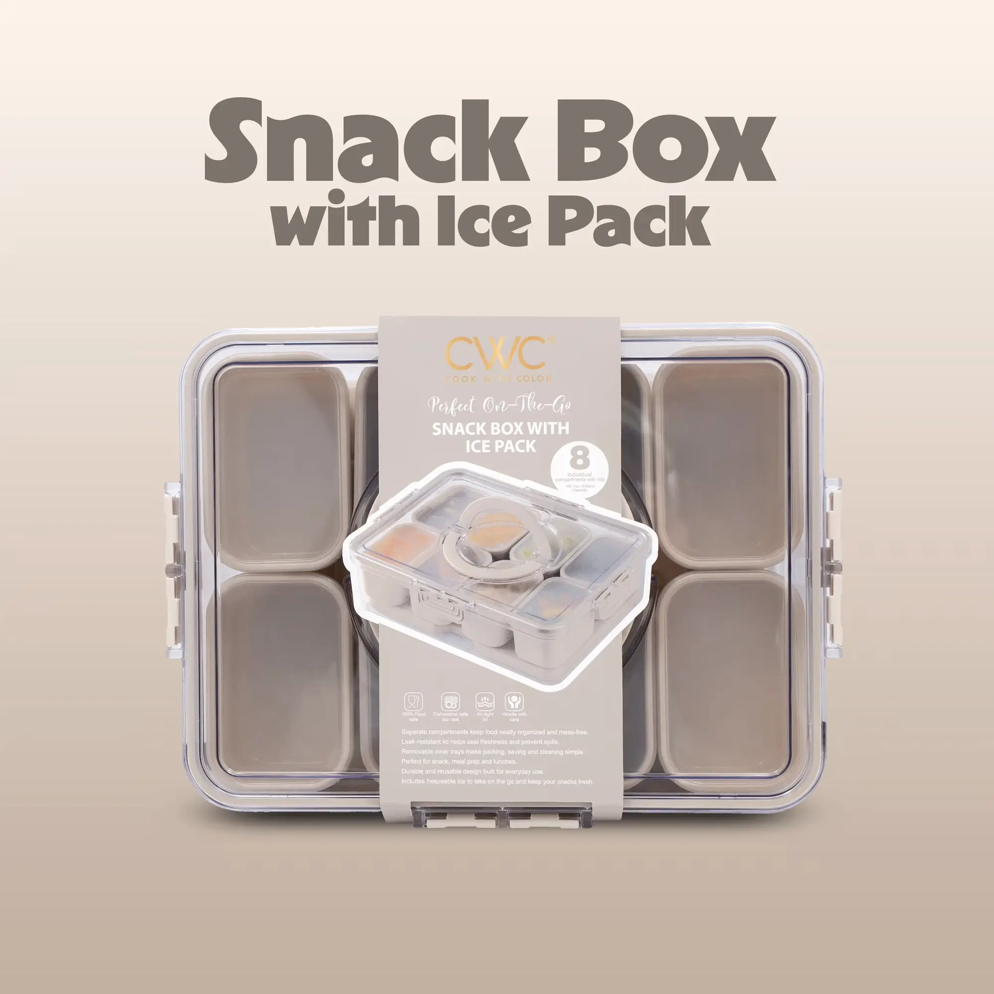 8-Compartment Snack Box Food Storage Container with Lids, Removable Ice Pack, Leak-Proof Portable Lunch Box with Locking Lid, Charcuterie Tray Portion Control, Dishwasher Safe, Taupe