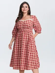 BLOOMCHIC Women's Casual Plaid Floral Color-Contrast Spandex Midi Dress - 2026 Summer Smooth-Sleeve Garment with Tammy Control Turn-Up Fit Pocket