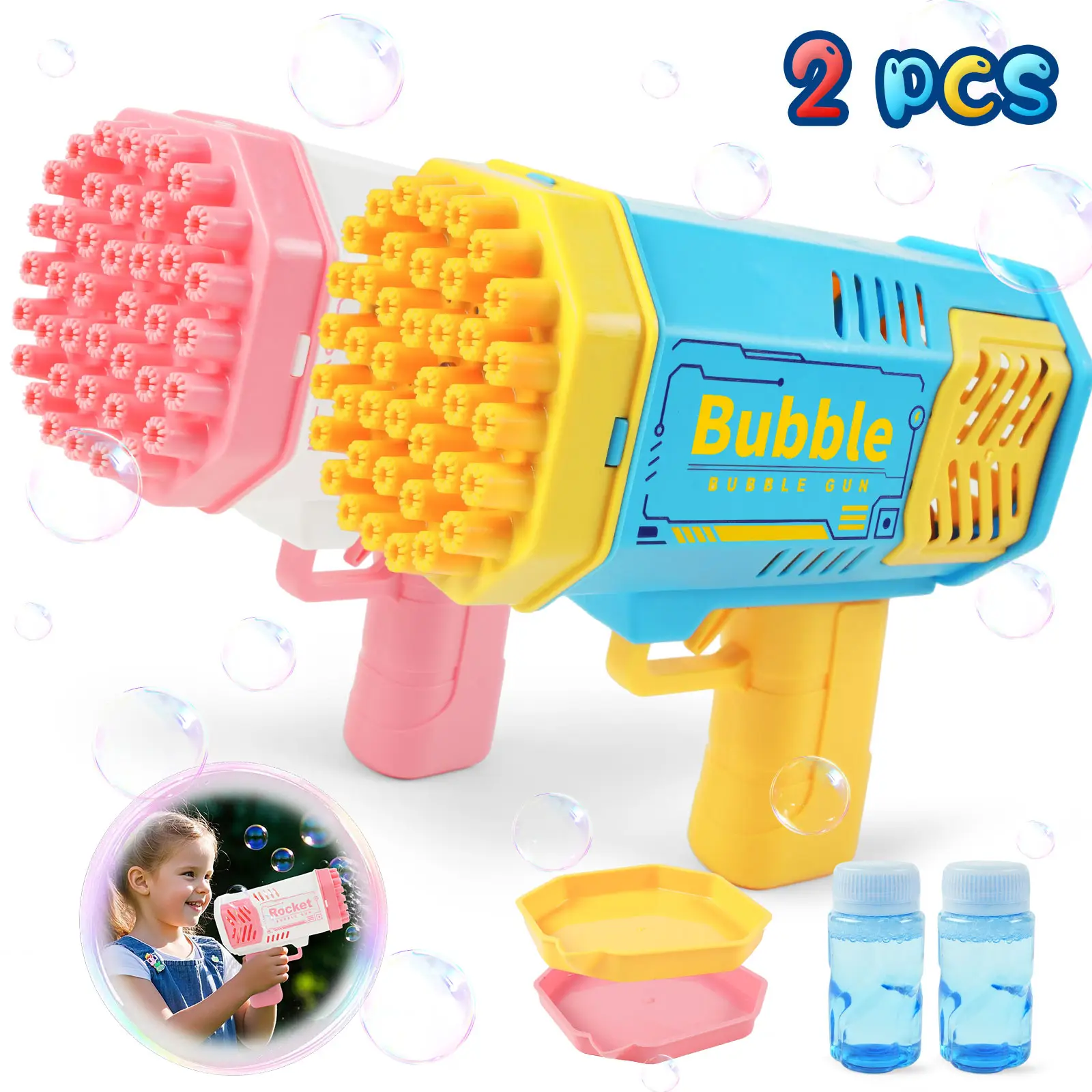 2 PCS Bubble Machine, 40 Holes Bubble Makers with Lights/Bubble Solution, Bubbles Machine for Adults Kids, Summer Toy Gift for Outdoor Indoor Birthday