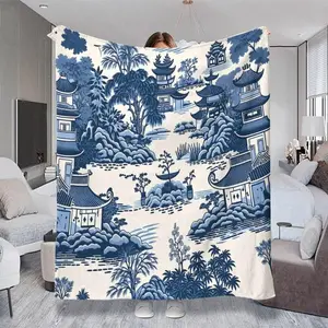 Chinoiserie - Style Blue - White Pattern Throw Blanket, Multi - Size & Colorful, Soft Fabric for Nap/Leisure, Decorative with Pagoda & Nature Motifs, Ideal for Home Relaxation