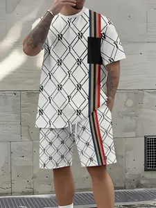Men's Latest Summer Tropical Color Block Striped Pattern 3D Print Casual Streetwear, Breathable Polyester Short Sleeve T-Shirt & Shorts Set