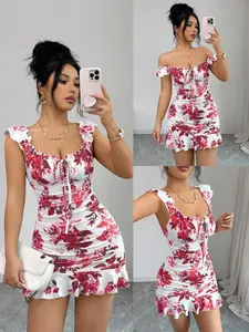 Women's Vintage Floral Print Ruched Hem Slim Fit A-Line Dress, Sleeveless Elegant Sexy French Style Waist Cinch Cocktail Party Summer Wear