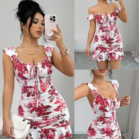 Women's Vintage Floral Print Ruched Hem Slim Fit A-Line Dress, Sleeveless Elegant Sexy French Style Waist Cinch Cocktail Party Formal Elegant Evening Dress Summer Wear Elegance