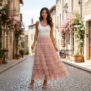Mincib Womens Long Tulle Skirt A Line Ruffle Tiered Layered Skirts High Waisted Flowy Fairy Maxi Skirts Bottom Champagne Womenswear