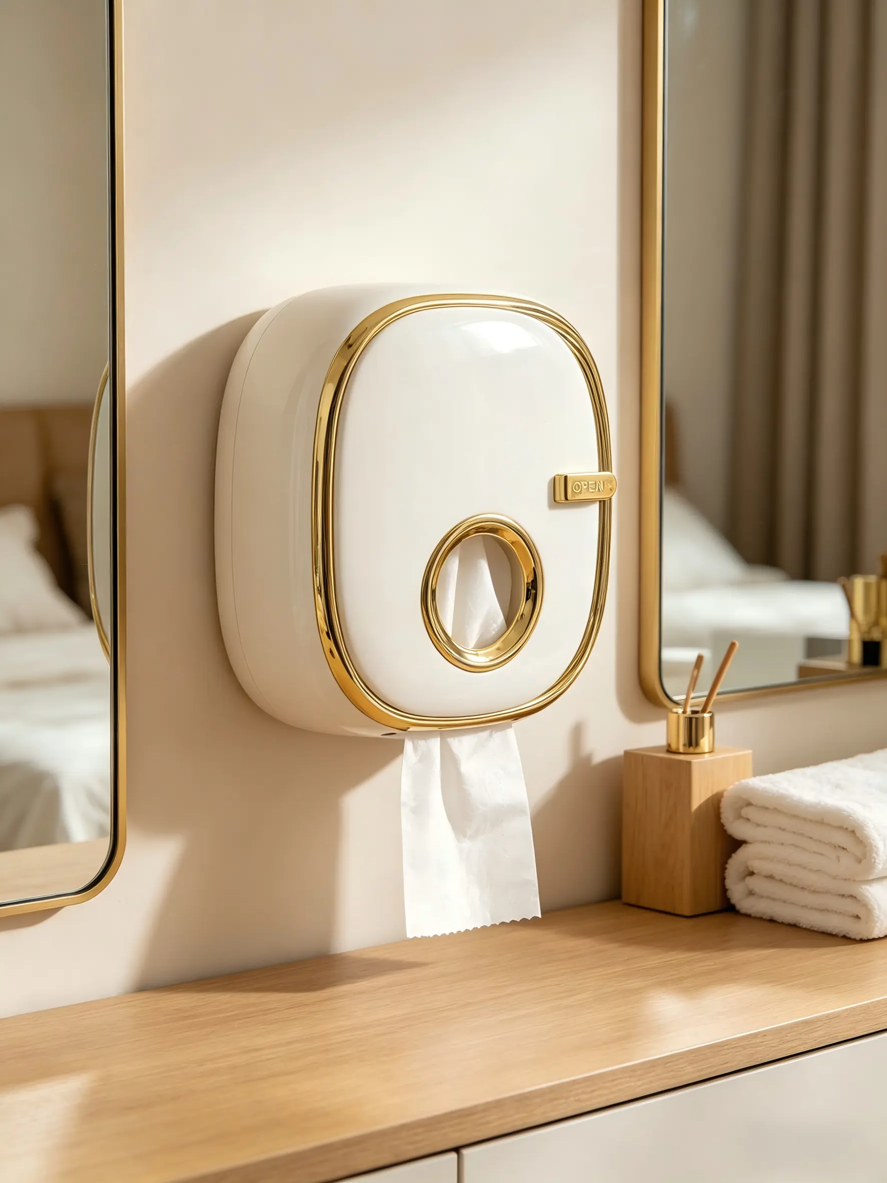 Glam Wall-Mounted Plastic Toilet Paper Holder with Storage, Glossy White & Gold Multi-Function Waterproof No-Drill Bathroom Organizer, Easy Installation Small Spaces Home Essential Bathroom Gadget