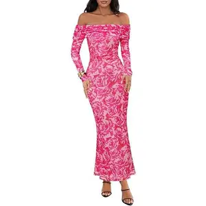 MEROKEETY Women's Fall Off Shoulder Floral Maxi Dresses Formal Long Sleeve Bodycon Cocktail Wedding Guest Dress