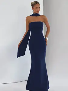 Women‘s Black Tie-neck Dress, Solid Ruched Sleeveless Strapless Backless Tube Dress & Halter Neck Scarf Ribbon Two-piece Set, Plain Back Zipper Maxi Long Dresses, Sexy Cocktail Party Club Date Evening Gown Wedding Guest Mermaid Dress Outfit For Ladies