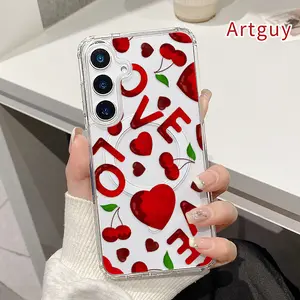 Magnetic Soft Case for  Samsung Galaxy S23 Ultra S24 Plus FE S25 S22+ Non-Yellowing Drop Protection Transparent Acrylic Large Hole Cherry Love Symphony Pattern Shockproof Silicone Cover Supports Wireless Charging