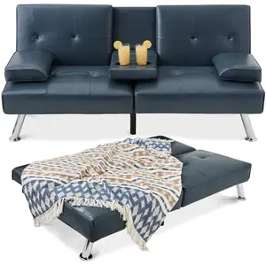 Best Choice Products Modern Faux Leather Convertible Futon Sofa w/ Removable Armrests, 2 Cupholders