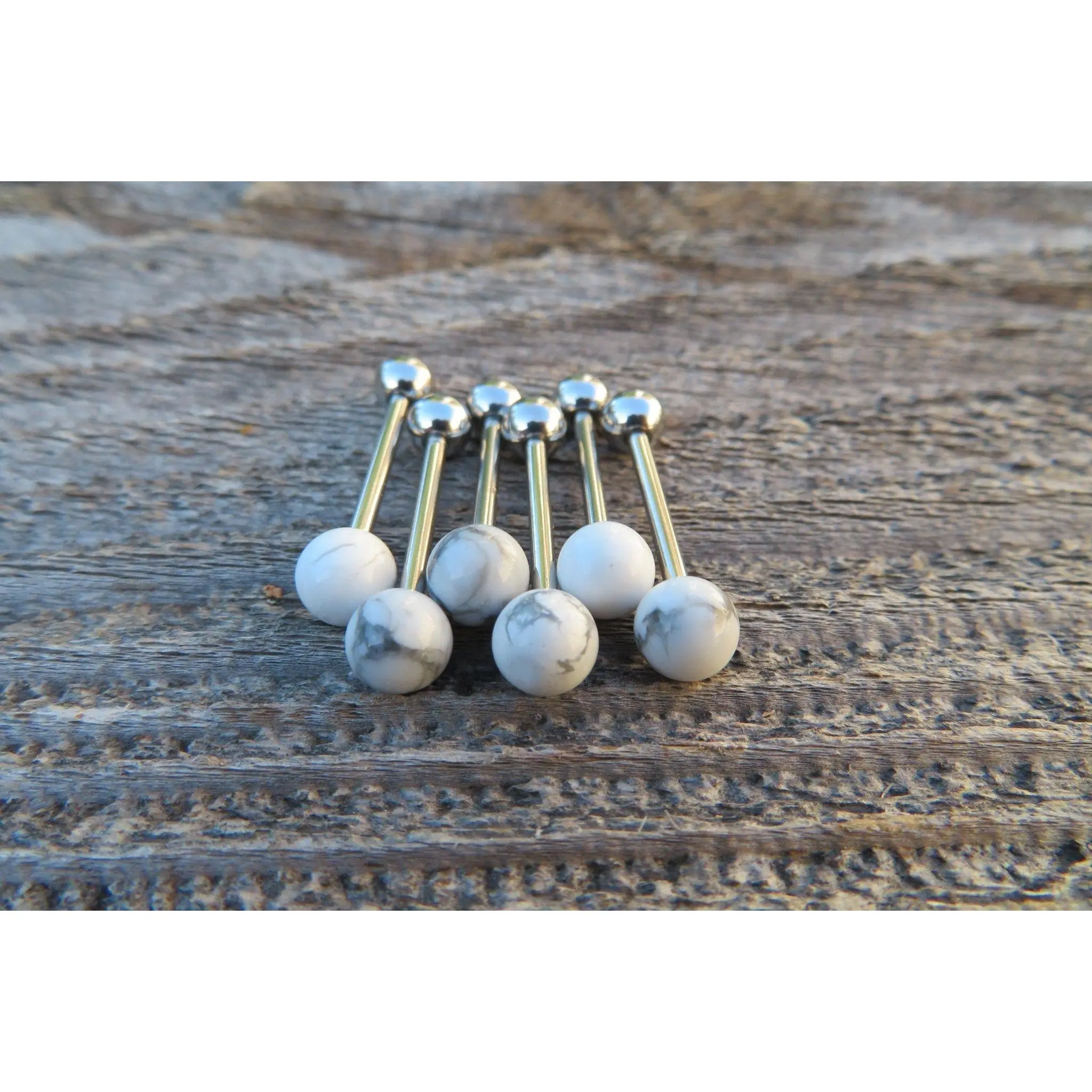 White Howlite Titanium Ti6Al4V ELI Implant Grade 6mm Natural Stone Barbell Tongue Ring 14g (1.6mm) Piercing