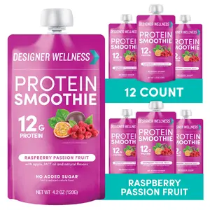 Designer Wellness Protein Smoothie, Real Fruit, 12g Protein, Low Carb, Zero Added Sugar, Gluten-Free, Non-GMO, No Artificial Colors or Flavors, Raspberry Passion Fruit, 12 Count