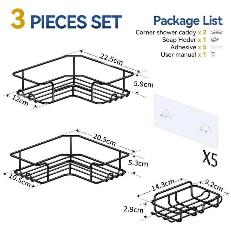 3 Count BLack Wall Mounted Shower Shelves, Bathroom Accessories Storage Corner Rack Set, Birthday Mother's Day Gift Idea #BlackFriday, Home Essentials Punch Free Organizer Hollow  Soap Spray Water Proof modern toilet