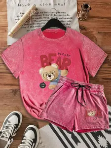 Two-Piece Set Women's Cartoon Bear Print Tee & Shorts, Casual Fashion Round Neck Short Sleeve T-shirt & Shorts for Daily Wear, Ladies Summer Clothes, Suits