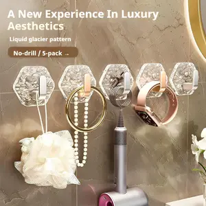 Water-Ripple Adhesive Hooks, 5-Pack Luxury Hexagonal Wall Hooks — Drill-Free, Heavy-Duty Self-Adhesive Hangers for Bathroom, Kitchen, Office, and Living Room Décor (For Smooth Surfaces) Stainless Organiser